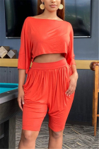 Orange Casual Solid pencil Half Sleeve Two Pieces