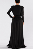 Black Sexy Elegant Regular Sleeve Long Sleeve V Neck Evening Dress Floor Length Solid Dresses