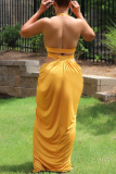 Yellow Milk. Fashion Sexy adult Ma'am Off The Shoulder Sleeveless V Neck Hip skirt Floor-Length Solid Dresses