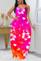 Pink Fashion Off The Shoulder Sleeveless Spaghetti Strap Sling Dress Floor Length Print Dresses