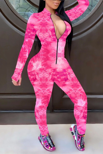 Rose Red Fashion Sexy Zipper Collar Long Sleeve Regular Sleeve Skinny Print Jumpsuits