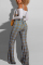 Navy Blue Fashion Sexy adult Ma'am Plaid Patchwork Solid Two Piece Suits Boot Cut Long Sleeve Two Pieces