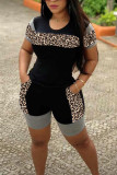 Grey Casual Leopard Patchwork Straight Short Sleeve Two Pieces
