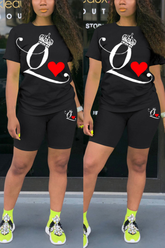 Black Fashion Active adult Ma'am Print Two Piece Suits pencil Short Sleeve Two Pieces