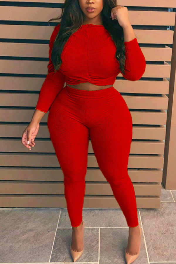 Red Fashion Casual adult Ma'am O Neck Solid Two Piece Suits Stitching Plus Size