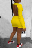 Yellow Fashion Sexy adult Ma'am Cap Sleeve Long Sleeves half high collar Pencil Dress Knee-Length Solid backless Dresses