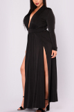 Black Sexy Elegant Regular Sleeve Long Sleeve V Neck Evening Dress Floor Length Solid Dresses