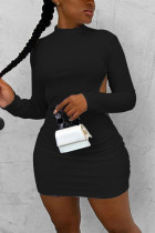Black Fashion Sexy adult Ma'am Cap Sleeve Long Sleeves half high collar Pencil Dress Knee-Length Solid backless Dresses