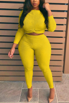 Lemon yellow Fashion Casual adult Ma'am O Neck Solid Two Piece Suits Stitching Plus Size