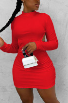Red Fashion Sexy Elegant Regular Sleeve Long Sleeve O Neck Long Sleeve Dress Mini Solid Dresses