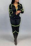 Black Fashion Active adult Ma'am Patchwork Solid Two Piece Suits pencil Long Sleeve Two Pieces