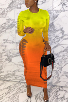 Yellow Milk. Fashion adult Ma'am Street Cap Sleeve Long Sleeves O neck Pencil Dress Ankle-Length Ombre Dresses