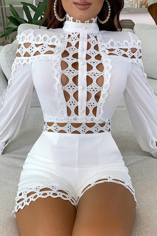 White Sexy Patchwork Solid lace Button Turtleneck Rompers