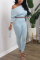 Light Blue Fashion Sexy Elegant Long Sleeve Oblique Collar One Shoulder Regular Solid Two Pieces