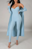 Blue Fashion Casual Long Sleeve V Neck Regular Sleeve Regular Solid Two Pieces