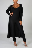 Black Fashion Casual Long Sleeve V Neck Regular Sleeve Regular Solid Two Pieces