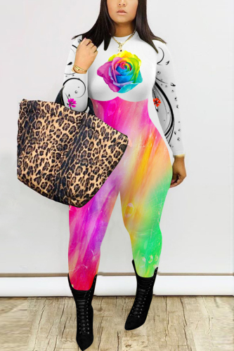 White Fashion street Print Long Sleeve O Neck Jumpsuits