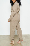 Khaki Fashion street Solid Long Sleeve Turndown Collar Jumpsuits