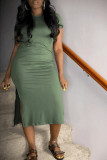 Green Sexy Short Sleeves O neck Swagger Knee-Length Solid split Dresses