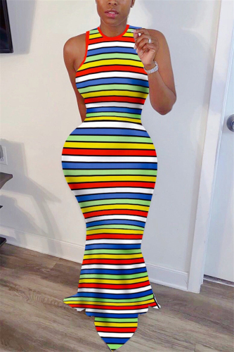 Stripe England Sleeveless O neck Asymmetrical Floor-Length Striped Print Rainbow Dresses