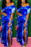 Blue Casual Short Sleeves V Neck Straight Ankle-Length Print Tie and dye Dresses