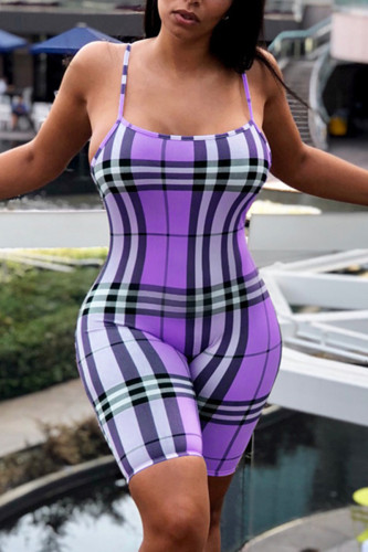 Purple Fashion Casual Spaghetti Strap Sleeveless Spaghetti Strap Skinny Plaid Print Romper