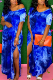 Blue Casual Short Sleeves V Neck Straight Ankle-Length Print Tie and dye Dresses