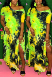 Yellow Casual Short Sleeves V Neck Straight Ankle-Length Print Tie and dye Dresses