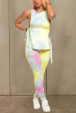 Yellow Blends Casual Print Draped Bandage Zippered pencil Sleeveless Two Pieces