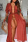 Wine Red Casual Short Sleeves V Neck Swagger Floor-Length Patchwork lace Solid Dresses