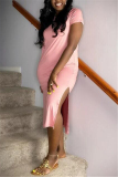 Pink Sexy Short Sleeves O neck Swagger Knee-Length Solid split Dresses