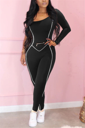 Black Casual Sportswear One Shoulder Long Sleeve Single Sleeve Skinny Patchwork Jumpsuits
