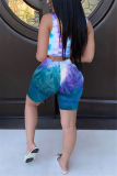 Red Fashion Casual Sportswear Sleeveless U Neck Tank Short Print Tie Dye Two Pieces (With Mask)