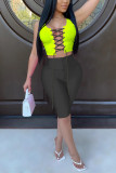 Turquoise Active Patchwork Solid contrast color bow-knot HOLLOWED OUT Straight Sleeveless Two Pieces