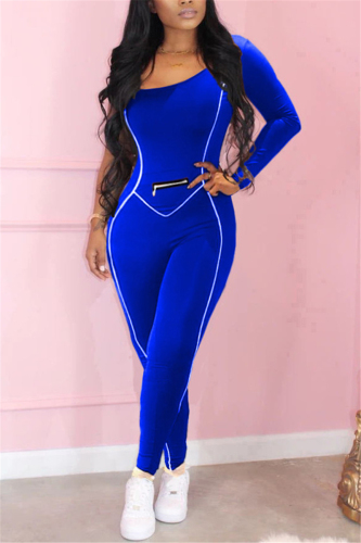 Blue Casual Solid zipper Blend Long Sleeve O Neck Jumpsuits