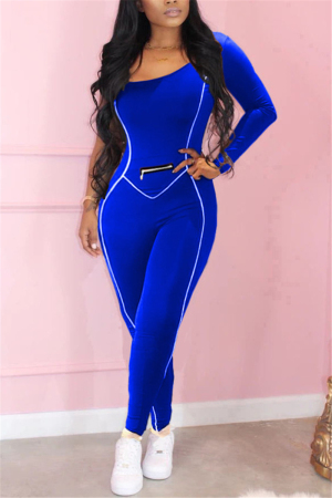Blue Casual Sportswear One Shoulder Long Sleeve Single Sleeve Skinny Patchwork Jumpsuits
