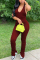 Wine Red Sexy Backless Solid Draped Split Blend Sleeveless Hanging neck Jumpsuits