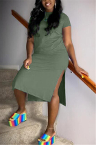 Green Fashion Casual Regular Sleeve Short Sleeve O Neck Short Sleeve Dress Knee Length Solid Dresses