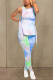 Blue Blends Casual Print Draped Bandage Zippered pencil Sleeveless Two Pieces