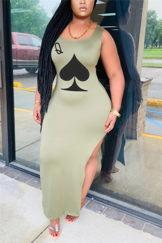 Green Casual Tank Sleeveless O neck Step Skirt Ankle-Length Print split Dresses