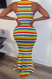 Stripe England Sleeveless O neck Asymmetrical Floor-Length Striped Print Rainbow Dresses