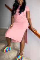 Pink Fashion Casual Regular Sleeve Short Sleeve O Neck Short Sleeve Dress Knee Length Solid Dresses