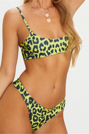 Green Fashion Sexy U Neck Print Leopard Swimwears