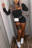Black Sexy bandage Backless Solid Split Long Sleeve one word collar Rompers