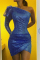 Blue Sexy Single Sleeve Long Sleeve Oblique Collar Evening Dress Mini Patchwork Solid Dresses
