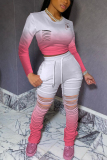 Pink Fashion Active adult Ma'am Burn-out Gradient Two Piece Suits pencil Long Sleeve Two Pieces
