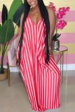 Gray Sexy Spaghetti Strap Sleeveless V Neck Sling Dress Trailing Striped Print Dresses