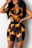 Yellow Fashion Casual Print zipper Sleeveless O Neck Jumpsuits