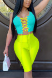 Green Active Patchwork Solid contrast color bow-knot HOLLOWED OUT Straight Sleeveless Two Pieces