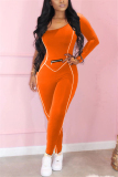 Orange Casual Solid zipper Blend Long Sleeve O Neck Jumpsuits